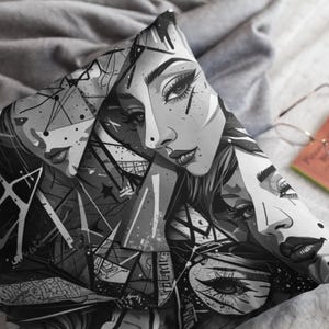 Monochrome Graffiti Art Pillowcase – Abstract Female Portrait Square Cushion Cover, Urban Street Style Decor for Modern Homes