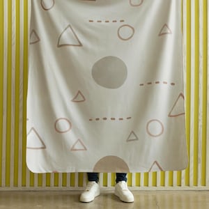 Sherpa Fleece Blanket - Geometric Minimalism Boho Blanket, Black White Grey Triangles Circles and Lines, Cozy Home Decor, Soft Beige Cream