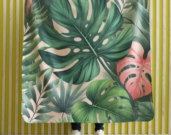 Sherpa Fleece Blanket - Tropical Leaves Pattern, Monstera Palm Banana, Green Coral Pink, Exotic Jungle Decor, Cozy Home Gift, Bedding Throw,