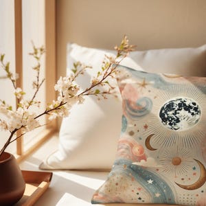 Cojín cuadrado celestial, diseño de carta astronómica vintage, decoración bohemia con un toque de sol, cojín místico de luna y estrellas, decoración cósmica para el hogar, sol.