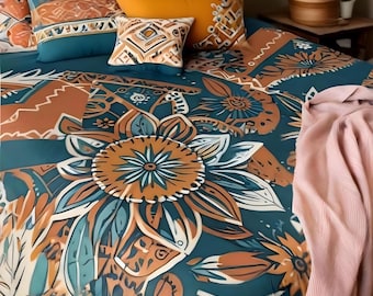 Juego de funda nórdica floral bohemio: ropa de cama de microfibra en tonos tierra