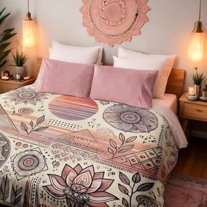 Boho Bettbezug - Geometrisches Blumenmuster in Erdtönen | Weiche Mikrofaser-Bettwäsche | Erhältlich in Queen und King Size