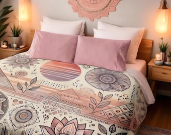 Funda nórdica de microfibra bohemia: estampado floral geométrico en tonos tierra