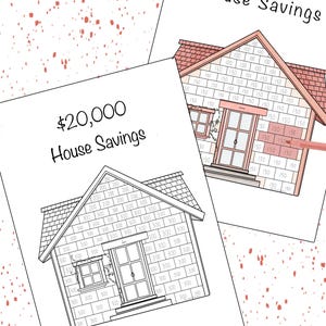 Può includere: Un disegno in bianco e nero di una casa con tetto e porta. La casa è divisa in quadrati, ognuno con un numero che rappresenta un importo in euro. I numeri sono riempiti di rosa per mostrare l'importo risparmiato. Il testo "20.000 € Risparmi per la casa" è in cima all'immagine.