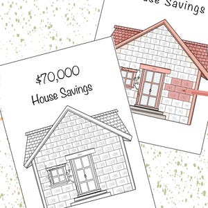 May include: Two illustrations of houses with brick facades. The first house is outlined in black and has the text "$70,000 House Savings" above it. The second house is partially filled in with pink and has the text "House Savings" above it.