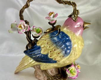 Vintage Chinese Porcelain Wong Lee Bronze Bird and Roses Teapot