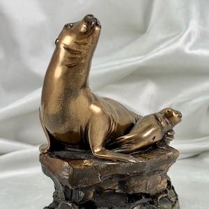 Vintage England Bronze Sculpture Mother Seal Sea Lion and Pup Signed and Dated Brian Elton