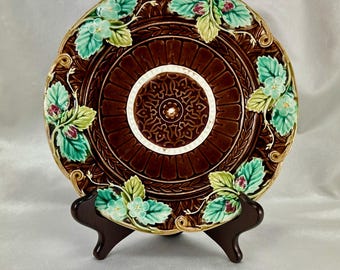 Antique France Majolica Brown Strawberries Plate Sarreguemines