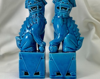 Vintage Chinese Pair of Turquoise Glazed Foo Dog Dogs Figurines