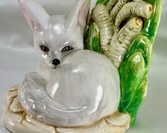 Vintage Italy Majolica White Ceramic Fennec Fox Laying on Rock Base with Foliage Figurine