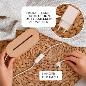 May include: A wooden LED lamp base with a long USB cable and a white power adapter. The lamp base has a rectangular shape with a slot for the LED light. Text on the image says "Long USB Cable".