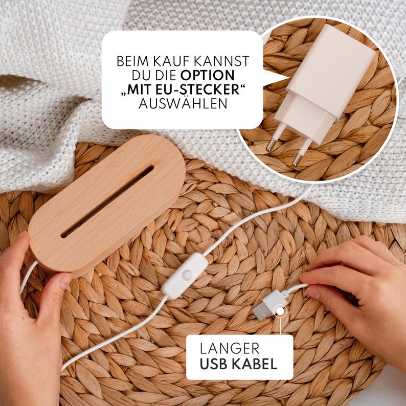 May include: A wooden LED lamp base with a long USB cable and a white power adapter. The lamp base has a rectangular shape with a slot for the LED light. Text on the image says "Long USB Cable".