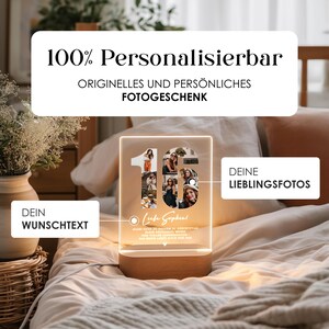 May include: A personalized LED photo lamp with the number 16 filled with photos. The lamp has a wooden base and the text "100% Personalisierbar" and "ORIGINELLES UND PERS&Ouml;NLICHES FOTOGESCHENK" is displayed above the lamp.