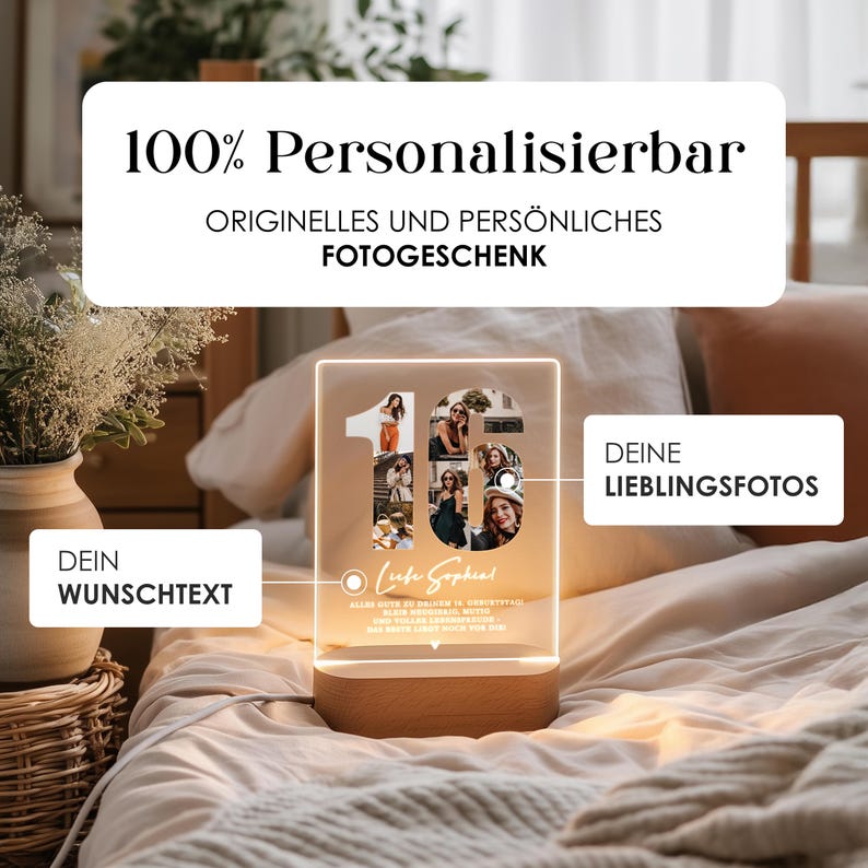 May include: A personalized LED photo lamp with the number 16 filled with photos. The lamp has a wooden base and the text "100% Personalisierbar" and "ORIGINELLES UND PERS&Ouml;NLICHES FOTOGESCHENK" is displayed above the lamp.