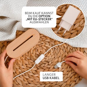 May include: A wooden LED lamp with a long USB cable and a white power adapter. The lamp has a rectangular shape with a groove for the light. The text on the image says "Long USB Cable".