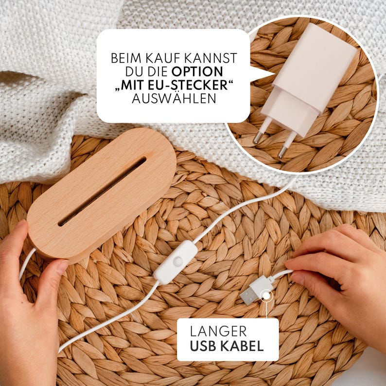 May include: A wooden LED lamp with a long USB cable and a white power adapter. The lamp has a rectangular shape with a groove for the light. The text on the image says "Long USB Cable".