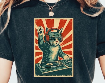 DJ Cat Shirt, Retro Vintage, Comfort Colors®, gift, Record Player, Vinyl, EDM Rave, Festival, Music Lover, Cat Lover, Graphic Tee, Unisex