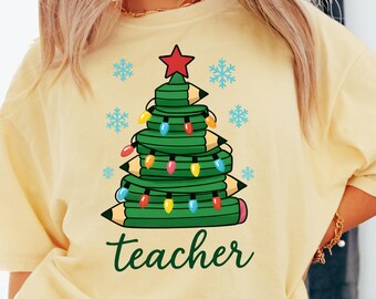 Comfort Colors® Teacher Christmas Shirt, Pencil Tree, Retro Christmas Teacher Shirt, Teacher Gift, Unisex Holiday Graphic Tee, Cute Xmas Top