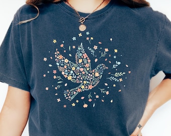 Peace Dove Shirt,Comfort Colors®, Boho Wildflower Shirt, Botanical Floral Tee, Retro Tshirt, Vintage Distressed Graphic Tee, Oversized, Gift
