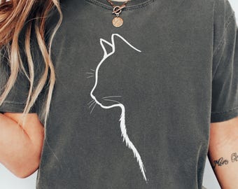 Comfort Colors® Cat Shirt, Cat Lover Gift, Cat Mom Gift, Minimalist Line Art, Vintage Graphic Tee, Aesthetic Oversized Tee, Unisex T-Shirt