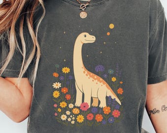 Comfort Colors® Dinosaur Shirt, Vintage Floral Dino, Retro Wildflower Aesthetic, Boho Graphic Tee, Gift for Her, Birthday Gift, Unisex, Cute