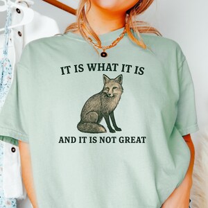Op de afbeelding: Lichtgroen T-shirt met de tekst "IT IS WHAT IT IS AND IT IS NOT GREAT" en een gedetailleerde illustratie van een vos. Het shirt heeft korte mouwen en een ronde hals.