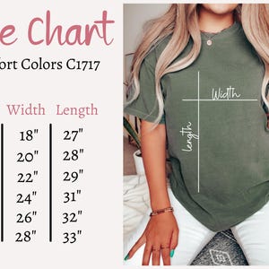 K&ouml;nnte beinhalten: Olivgr&uuml;nes T-Shirt mit Gr&ouml;&szlig;entabelle. Die Tabelle zeigt Ma&szlig;e f&uuml;r die Gr&ouml;&szlig;en S bis 3XL, mit Breiten von 45,7 bis 71,1 cm und L&auml;ngen von 68,6 bis 83,8 cm. Der Text "Size Chart" ist rosa.