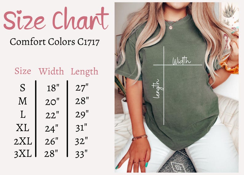 K&ouml;nnte beinhalten: Olivgr&uuml;nes T-Shirt mit Gr&ouml;&szlig;entabelle. Die Tabelle zeigt Ma&szlig;e f&uuml;r die Gr&ouml;&szlig;en S bis 3XL, mit Breiten von 45,7 bis 71,1 cm und L&auml;ngen von 68,6 bis 83,8 cm. Der Text "Size Chart" ist rosa.