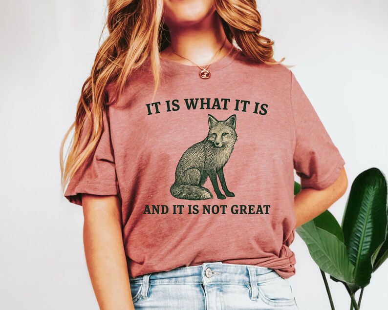 Op de afbeelding: Een stoffig roze t-shirt met een vos illustratie. De tekst "IT IS WHAT IT IS" staat boven de vos en "AND IT IS NOT GREAT" staat eronder. Het shirt is gemaakt van zacht materiaal.