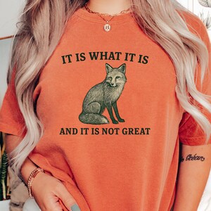 Op de afbeelding: Oranje T-shirt met de tekst "IT IS WHAT IT IS AND IT IS NOT GREAT" en een illustratie van een vos. Het shirt is effen oranje van kleur en heeft een ronde hals. De tekst en de vos zijn zwart.