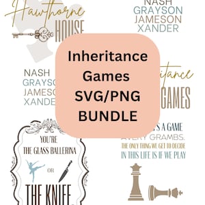 Può includere: Un design grafico rosa e bianco con il testo "Inheritance Games SVG/PNG Bundle" e il testo "Hawthorne House" in un font corsivo. Il design include anche una chiave e un pezzo di puzzle.