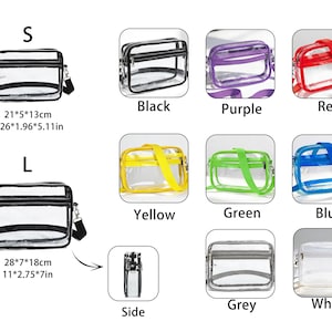 May include: A collection of clear crossbody bags in various colors, including black, purple, red, yellow, green, blue, grey, and white. The bags come in two sizes, with the smaller one measuring 8.26" x 1.96" x 5.11" and the larger one at 11" x 2.75" x 7".