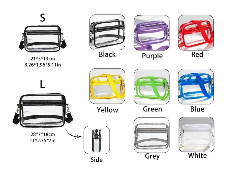 May include: A collection of clear crossbody bags in various colors, including black, purple, red, yellow, green, blue, grey, and white. The bags come in two sizes, with the smaller one measuring 8.26" x 1.96" x 5.11" and the larger one at 11" x 2.75" x 7".