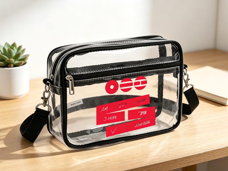 May include: A clear, rectangular crossbody bag with black trim and a black adjustable shoulder strap. The bag features red accents with text and a logo. The bag is sitting on a wooden surface.