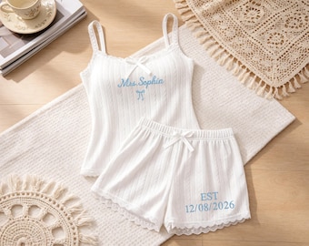 Gepersonaliseerde pyjama voor bruid, geribbelde tanktop en short, geborduurde bruidsnachtkleding