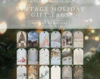 Vintage Christmas Gift Tags | Holiday Gift Tag | Xmas Labels | Vintage Holiday Cards | Antique Fine Art Prints | 18 Printable Cards