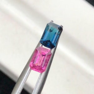 Può includere: Due pietre preziose tagliate a smeraldo, una blu e una rosa, sono tenute da una pinzetta. La pietra blu ha un colore blu più scuro nella parte superiore e un colore blu più chiaro nella parte inferiore. La pietra rosa è di colore rosa chiaro.
