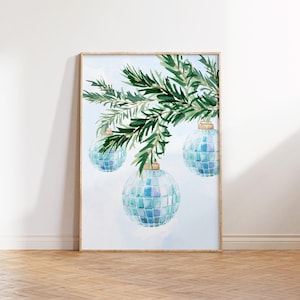 Aquarell Weihnachten druckbare Kunst | Blaue Disco Ball Ornamente Dekor | Festliche Baum Kunst Digital Download Geschenk