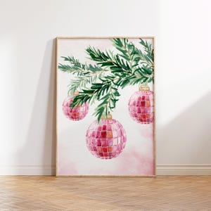 Aquarell Weihnachten druckbare Kunst | Rosa Disco Ball Ornamente Dekor | Festliche Baum Kunst Digital Download Geschenk