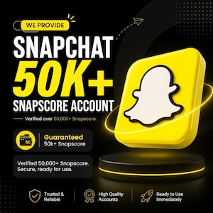Può includere: Una grafica digitale che mostra il logo di Snapchat come un quadrato giallo dagli angoli arrotondati con un fantasma bianco. Il testo recita: WE PROVIDE SNAPCHAT 50K+ SNAPSCORE ACCOUNT, Verified over 50,000+ Snapscore, Guaranteed 50k+ Snapscore, Verified 50,000+ Snapscore, Secure, ready for use.