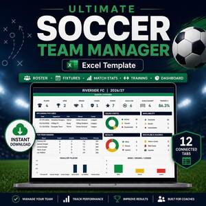 Puede incluir: Una pantalla de portátil que muestra una plantilla de Excel Ultimate Soccer Team Manager para el Riverside FC 2026/27. El panel incluye pestañas para plantilla, partidos, estadísticas, entrenamiento y un resumen con gráficos.
