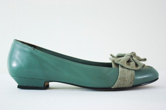 Items similar to Teal Suede and Leather Bow Kitten Heel 7 (FREE ...