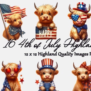 Pacote com 16 clipart de vacas patrióticas das Terras Altas | PNGs de sublimação para o 4 de julho | Estampas de vacas com bandeira americana | Arte digital de vacas | Uso comercial permitido