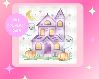 Könnte beinhalten: Kreuzstichmuster mit einem lila Geisterhaus mit gelben Fenstern, zwei Geistern, einem Mond und Kürbissen. Der Text "CROSS STITCH PATTERN" und "PDF DOWNLOAD ONLY" ist ebenfalls sichtbar.
