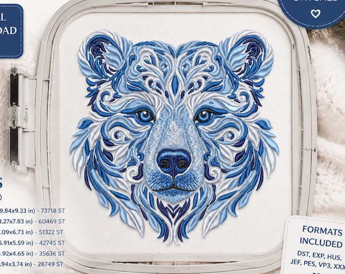 Featured listing image: Winter Bear Embroidery Machine File, Wildlife-Inspired Design for Apparel, Home Decor, and Holiday Gift Projects, Bear Embroidery PES DST