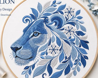 Winter Lion Machine Embroidery Design, Blue Botanical Digital File, Animal Embroidery Art