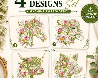 Floral Animal Embroidery Design Set Cow, Horse, Pig, Sheep, Floral Head Instant Download Machine Embroidery Files DST PES JEF Formats