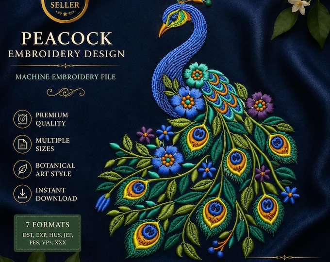 Featured listing image: Botanical Peacock Machine Embroidery Design, Floral Art, Instant Download (PES, DST, JEF)
