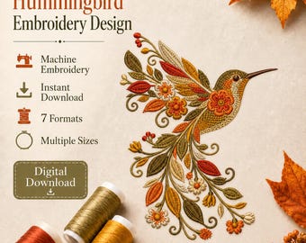 Autumn Hummingbird Machine Embroidery Design, Botanical Floral Bird Digital File
