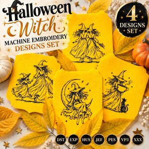 Conjunto de diseños de bordado a máquina de brujas de Halloween, 4 patrones de bordado de brujas, paquete de bordado de temporada espeluznante, descarga digital de chica bruja PES